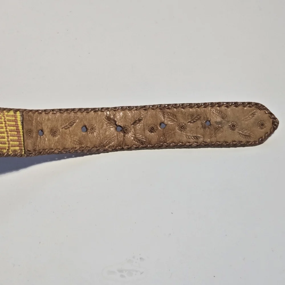 Vintage Guatemalan Handmade Leather & Woven Textile Belt Tan Multicolor Size 30
